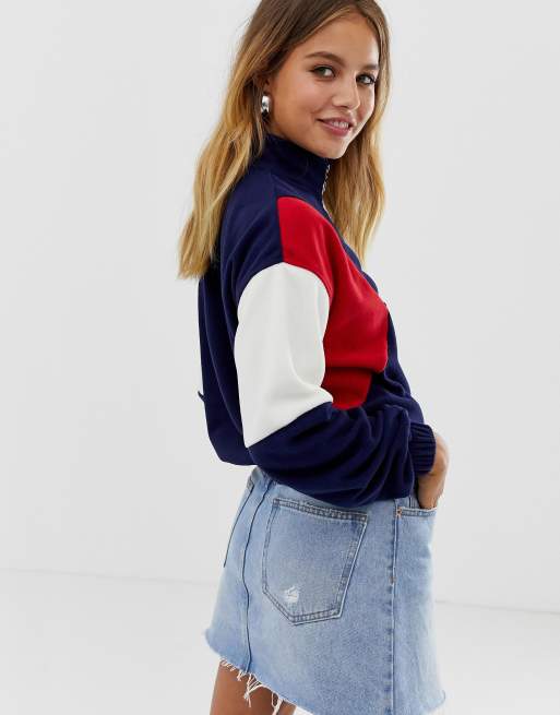 New Look - Felpa con zip corta in pile colourblock, 2 di 4