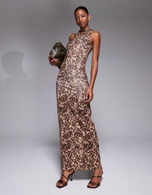 New Look - Figurbetontes Midikleid in Braun mit Leopardenmuster und Schleife am Ausschnitt-Brown