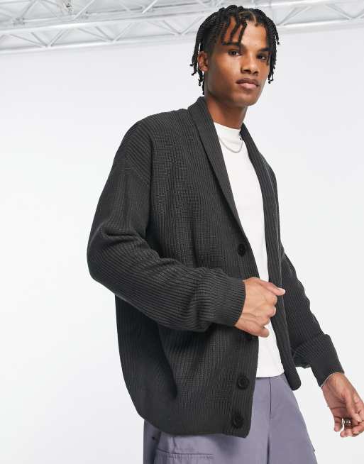 New Look – Fischer-Strickjacke in Dunkelgrau mit Schalkragen