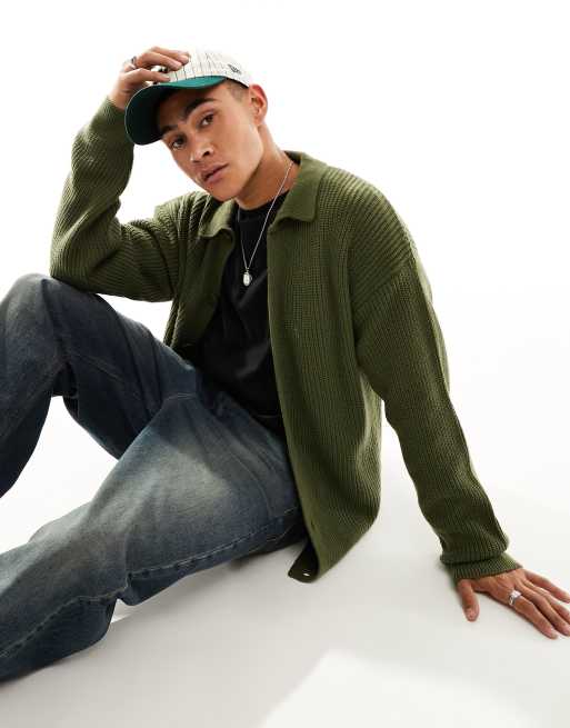 New Look fisherman cardigan in dark khaki | ASOS