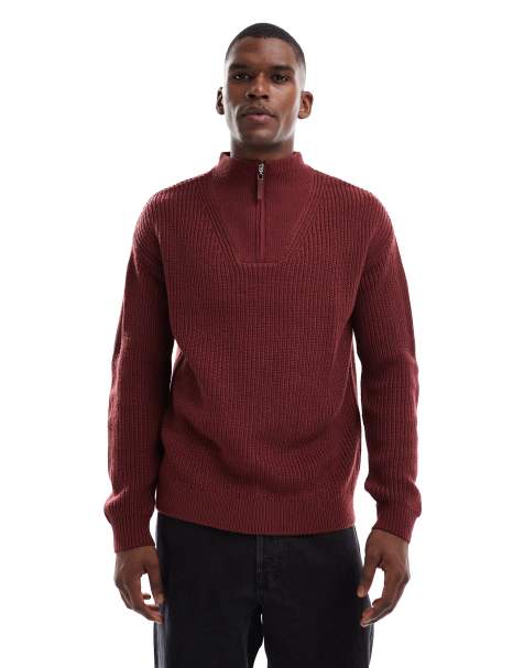 New Look fisherman knit 1/4 zip jumper in burgundy - view 1