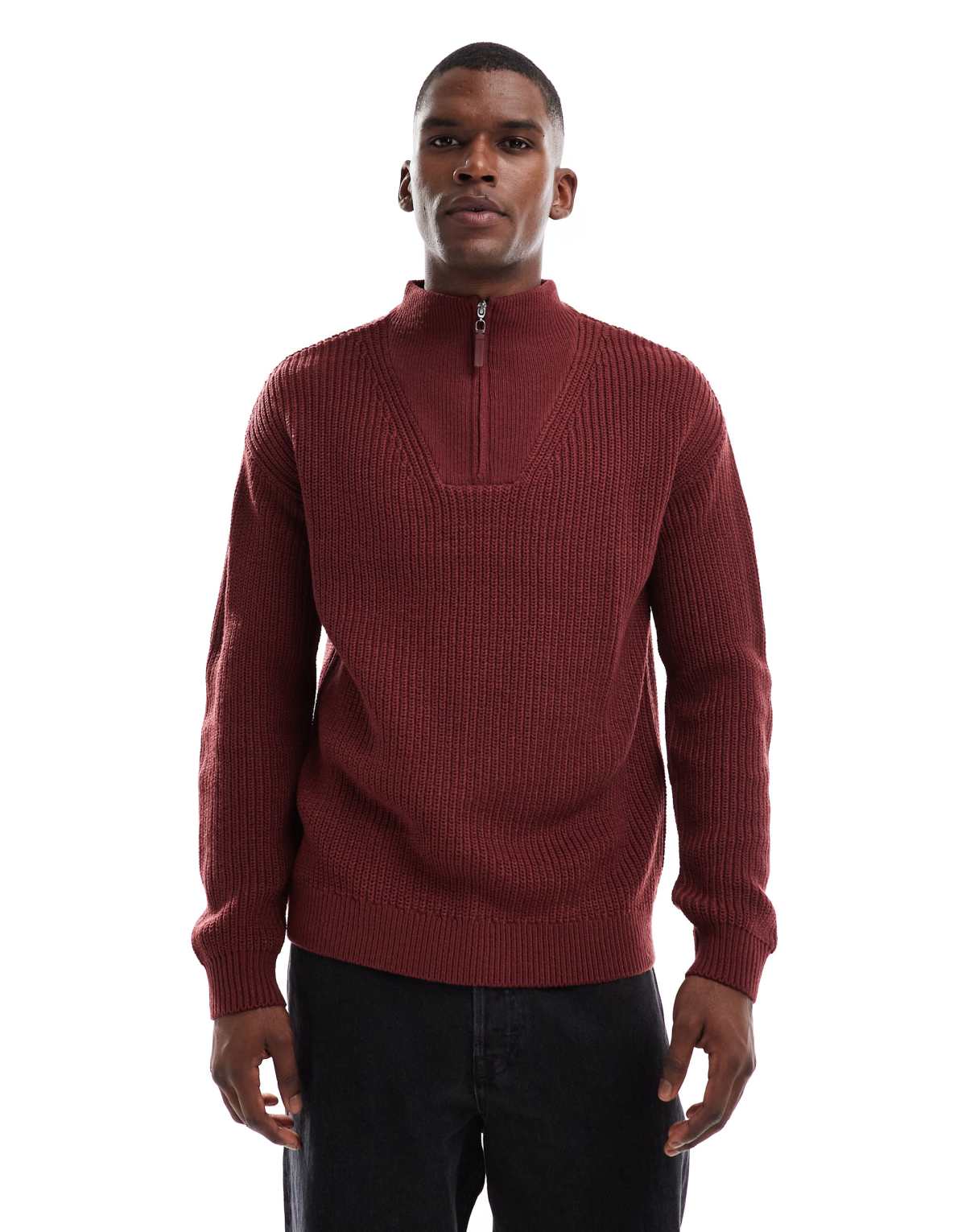 New Look fisherman knit 1/4 zip jumper in burgundy