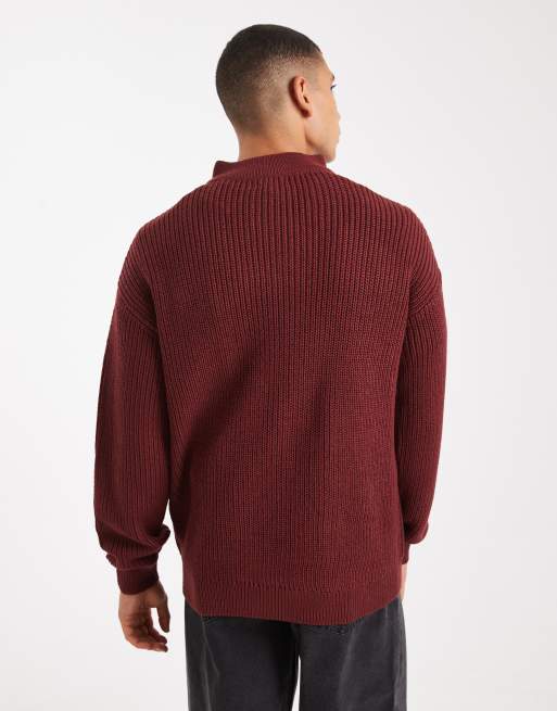 New Look fisherman knit 1/4 zip jumper in burgundy, 3 of 5