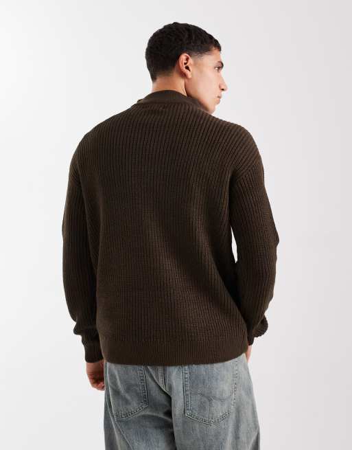 New Look fisherman knit 1/4 zip jumper in dark brown, 3 of 5