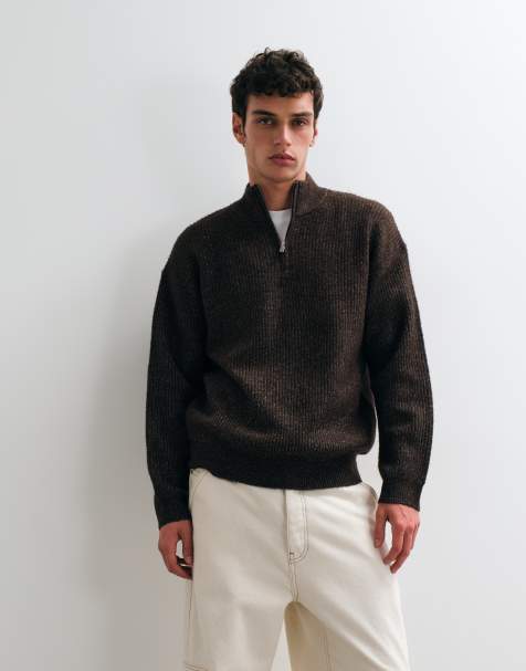 New Look fisherman knit 1/4 zip jumper in dark brown - view 1