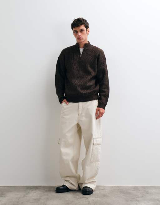 New Look fisherman knit 1/4 zip jumper in dark brown, 2 of 5