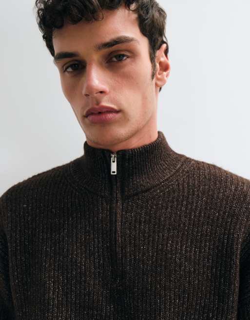 New Look fisherman knit 1/4 zip jumper in dark brown, 4 of 5