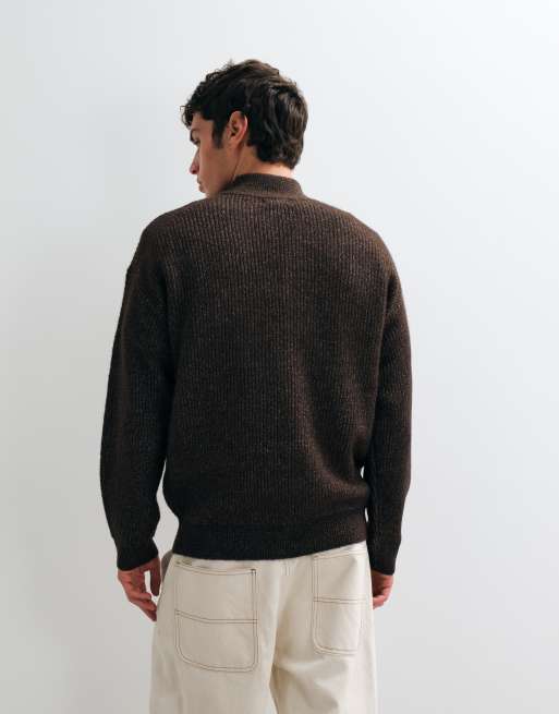 New Look fisherman knit 1/4 zip jumper in dark brown, 5 of 5