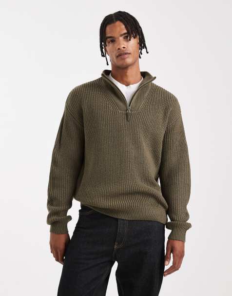 New Look fisherman knit 1/4 zip jumper in dark khaki - view 1