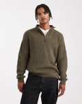 [New Look] New Look fisherman knit 1/4 zip jumper in dark khaki-Green 2XL 34-Dark Khaki