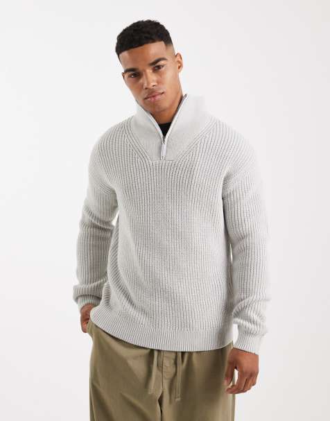 New Look fisherman knit 1/4 zip jumper in grey marl