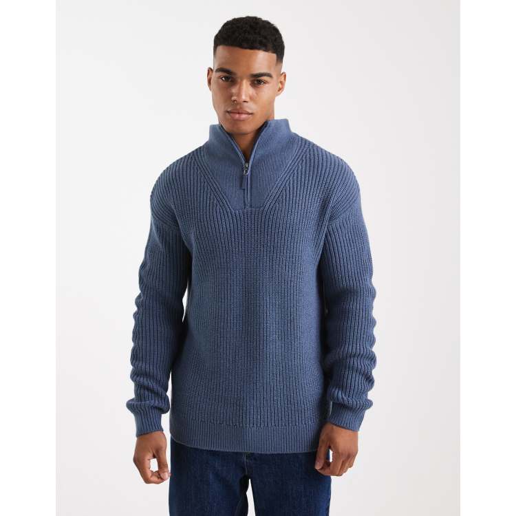 New Look fisherman knit 1/4 zip jumper in mid blue | ASOS