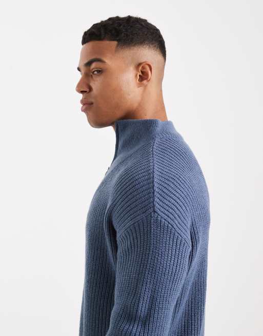 New Look fisherman knit 1/4 zip jumper in mid blue, 4 of 5