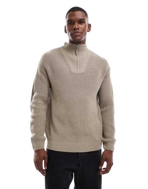 New Look fisherman knit 1/4 zip jumper in mink - view 1