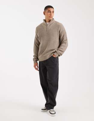 New Look fisherman knit 1/4 zip jumper in mink | ASOS