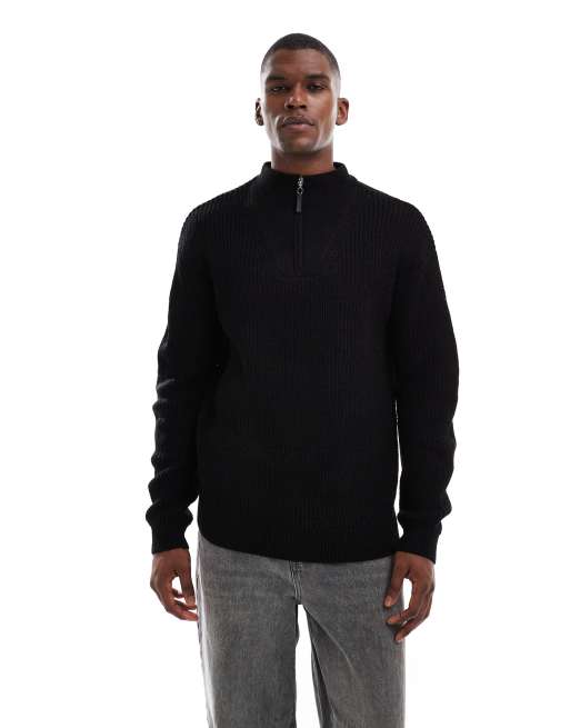 New Look fisherman knit 1/4 zip sweater in black