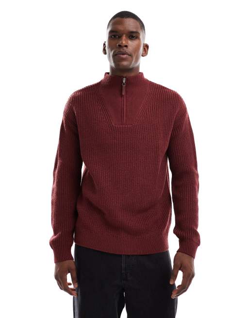 New Look fisherman knit 1/4 zip sweater in burgundy