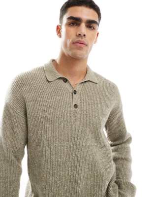 New Look New Look fisherman knit polo in olive-Green