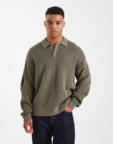 New Look fisherman knit polo in two tone khaki - view 1