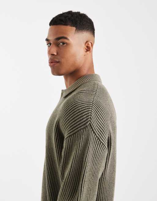 New Look fisherman knit polo in two tone khaki, 4 of 5