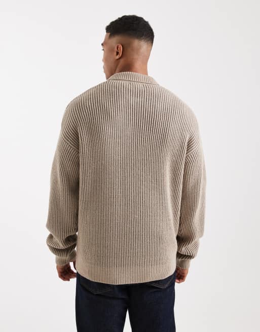 New Look fisherman knit polo in two tone mink, 3 of 5