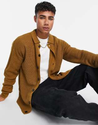 New Look fisherman rib cardigan in tan-Neutral