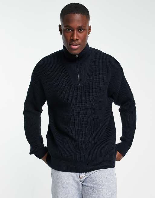 New Look fisherman ribbed 1/4 zip funnel neck jumper in navy | ASOS