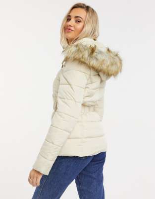 fitted padded coat with fur hood