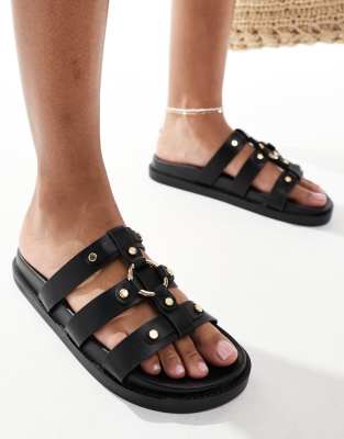 New Look - Flache, klobige Riemensandalen in Schwarz