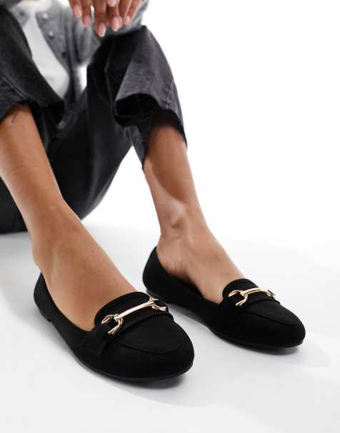 New Look – Flache Loafer in Schwarz mit goldenem Steg-Detail - view 1