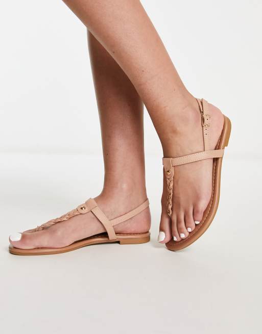 New Look – Flache Riemchensandale in Hellbraun mit geflochtenem Detail
