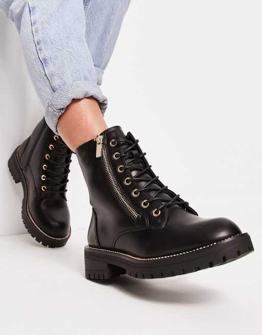 New Look – Flache Schnürstiefel in Schwarz mit Reißverschluss-Detail
