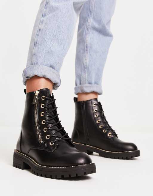 New Look – Flache Schnürstiefel in Schwarz mit Reißverschluss-Detail, 4 von 4