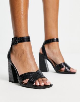 New Look flared croc square toe heeled sandals in black