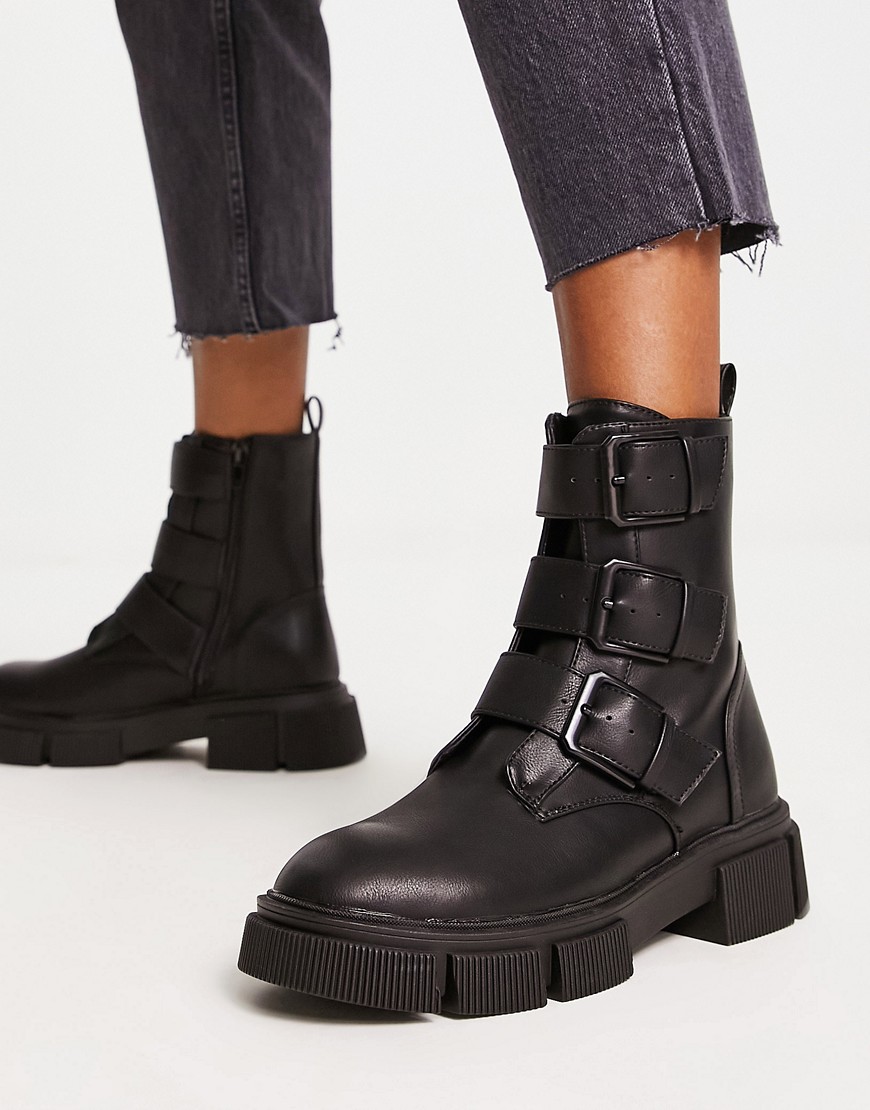 New Look flat boot with buckle detail in black