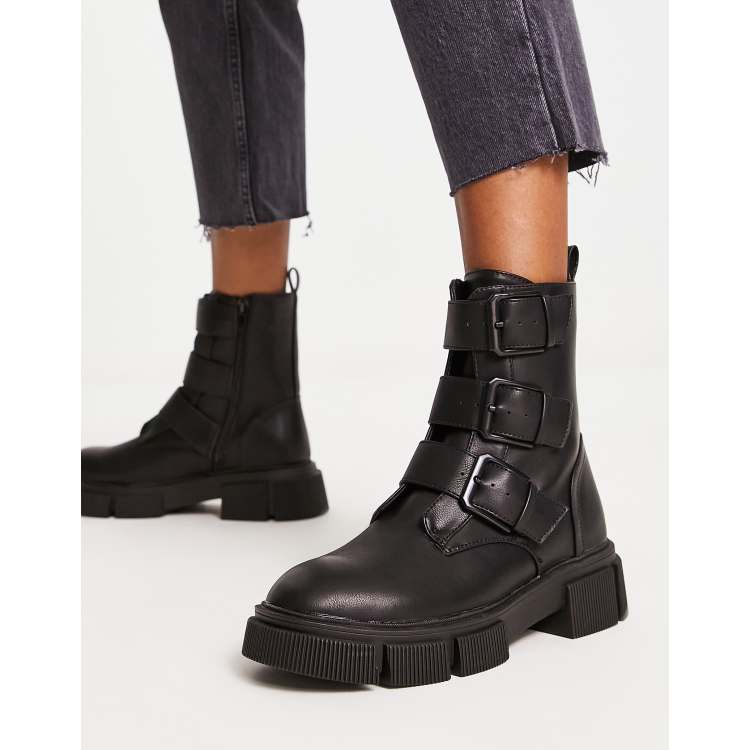 New Look flat boot with buckle detail in black