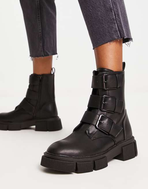 New Look flat boot with buckle detail in black ASOS