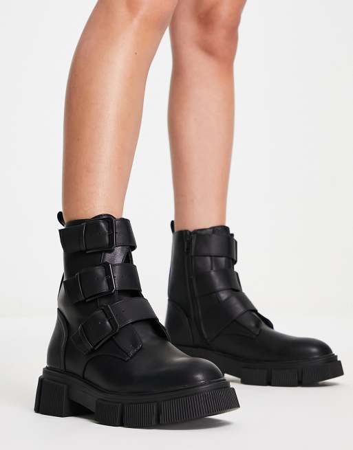 New Look flat boot with buckle detail in black ASOS