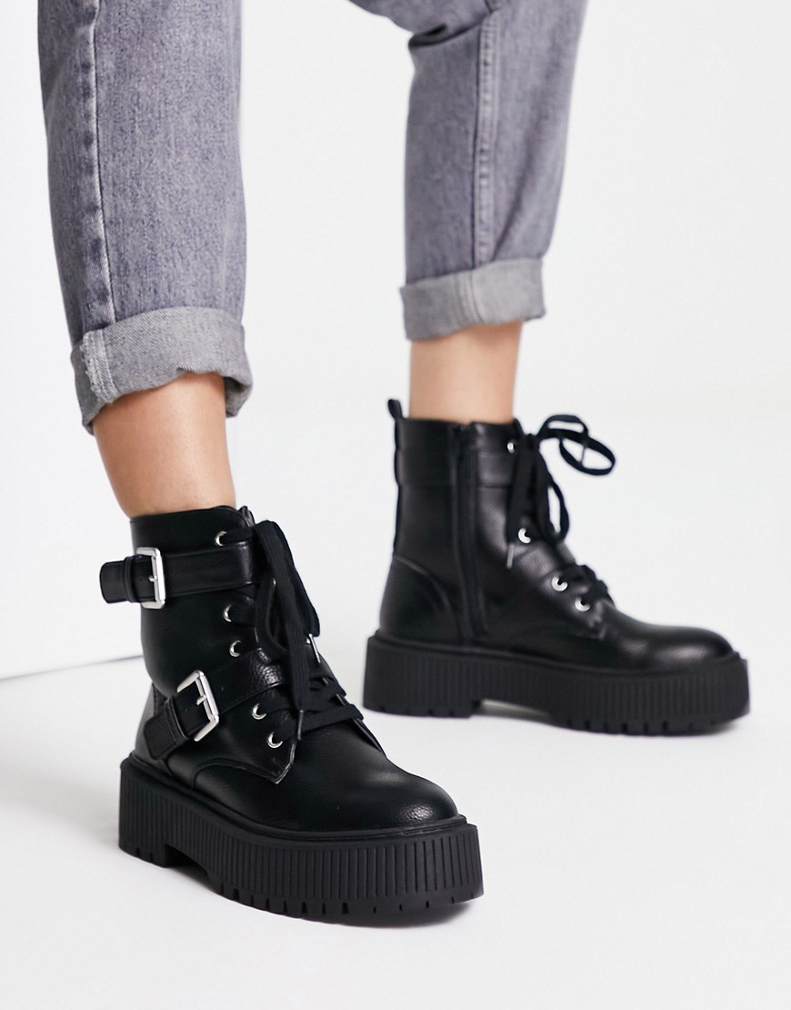 New Look flat chunky flatform lace up boot in black