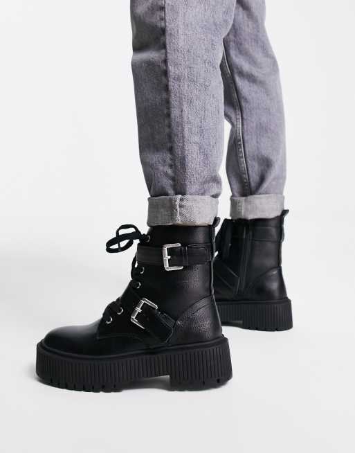 New look chunky flatform lace up flat store boot in black