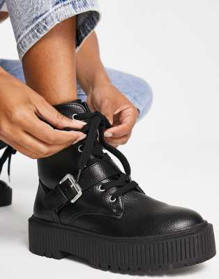 New Look flat chunky flatform lace up boot in black