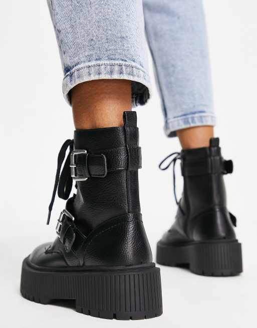 New look chunky flatform lace 2025 up flat boot in black