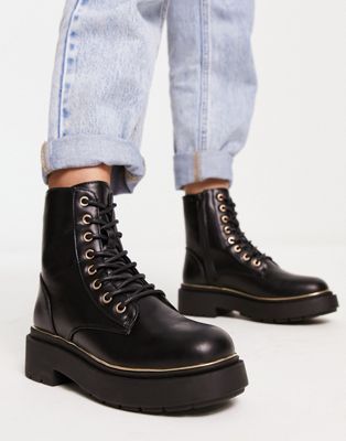 New Look flat high ankle lace-up boots in black
