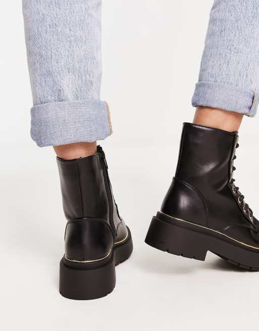 New Look flat high ankle lace-up boots in black