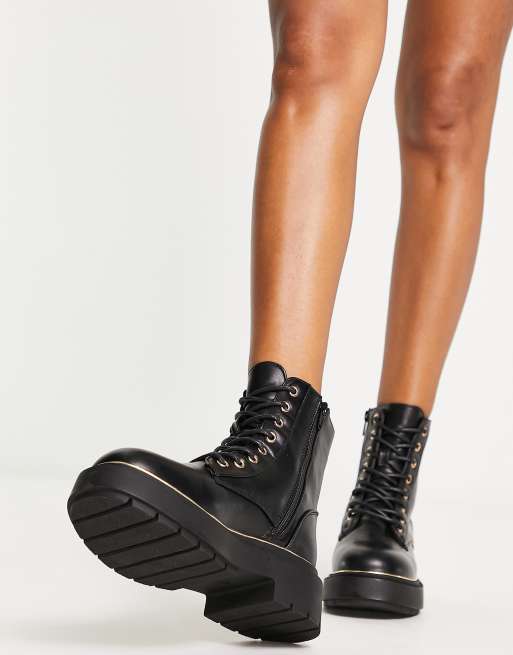 New Look flat high ankle lace-up boots in black