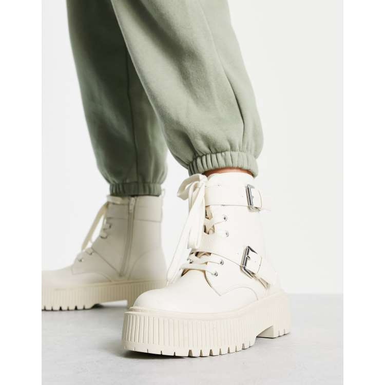 New Look flat chunky lace up boot in off white | ASOS