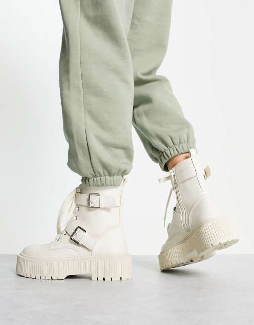 New Look flat chunky lace up boot in off white | ASOS