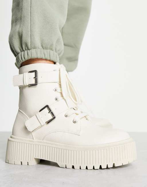 New Look flat chunky lace up boot in off white | ASOS