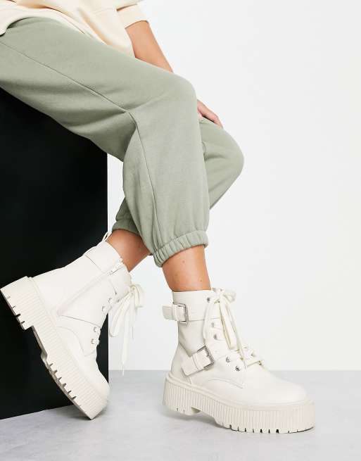 New Look flat chunky lace up boot in off white | ASOS