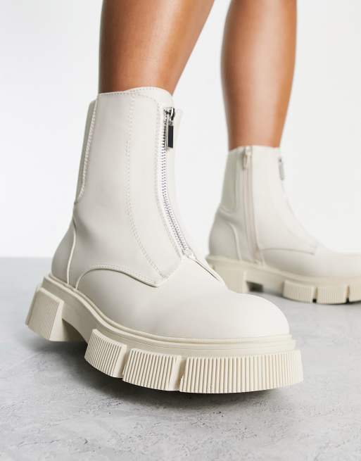 New Look flat chunky zip front boot in off white | ASOS